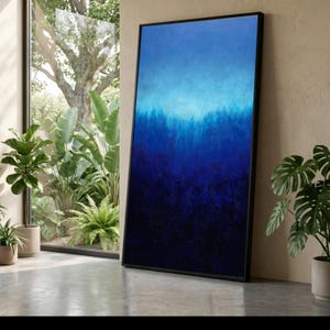 Lienzo con degradado azul profundo, arte abstracto de olas del océano para pared, lienzo moderno en tonos azules, pintura azul para decoración del hogar, lienzo listo para colgar.