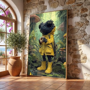 黄色いレインコートを着た風変わりなカエル、森のファンタジーキャンバス、子供部屋の壁アート、かわいい動物のイラスト、遊び心のある自然の装飾、すぐに飾れます
