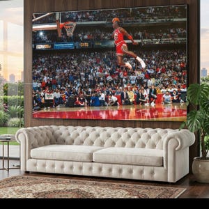 Lienzo icónico de Michael Jordan Dunk, arte mural deportivo de baloncesto, momento legendario de la NBA, decoración de los Chicago Bulls, arte en lienzo de acción atlética