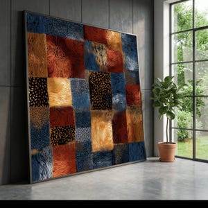 Quadro astratto patchwork su tela, design geometrico moderno, tela con motivo, decorazioni per la casa nei toni della terra, arazzo contemporaneo.