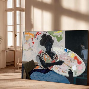 May include: A large painting depicts a dark-skinned person holding a palette and brush. The person is wearing a colorful top and blue skirt. The palette has various paint colors. The background includes a map and a dark area.