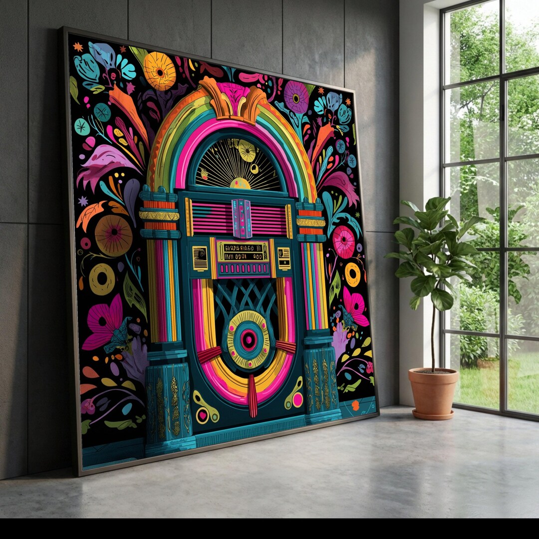 Vibrant Retro Jukebox Canvas, Colorful Music Wall Art, Vintage Style ...