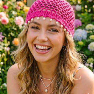 Y2K Beaded Crochet Cap Pattern PDF | Korean Openwork Mesh Beanie Pattern | Pearl Tassel Bucket Hat | Instant Download Crochet PDF