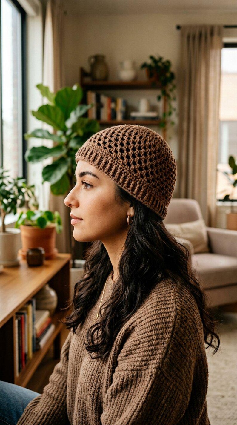 May include: A brown crochet beanie featuring a textured, open-work diamond pattern on the crown and a ribbed, solid-stitch brim. The hat is constructed from a medium-weight yarn and sits snugly on the head, providing a consistent, uniform colour.