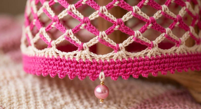 May include: A crocheted lampshade featuring a lattice pattern in vibrant fuchsia and cream yarn. The base of the shade is finished with a solid fuchsia border and a single dangling pink pearl bead accent attached to the bottom edge with a small loop.