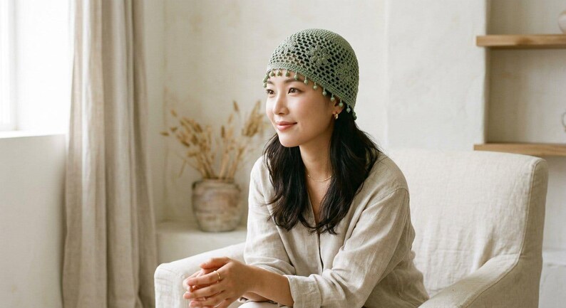 May include: A sage green crochet beanie featuring an intricate openwork floral pattern and a decorative fringe of small matching beads along the bottom edge. The cap is constructed with a fitted crown and a scalloped border detail.
