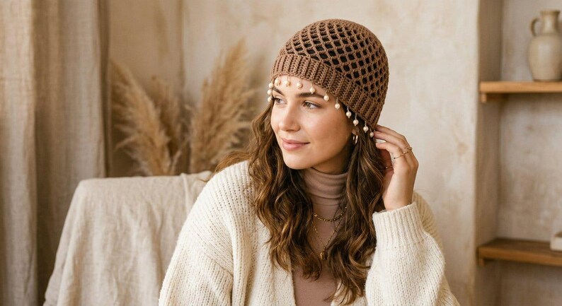 May include: A brown crochet beanie featuring an open diamond-shaped lattice pattern on the crown and a solid ribbed band. The lower edge of the beanie is decorated with small, round, white beads that hang along the forehead and temples.