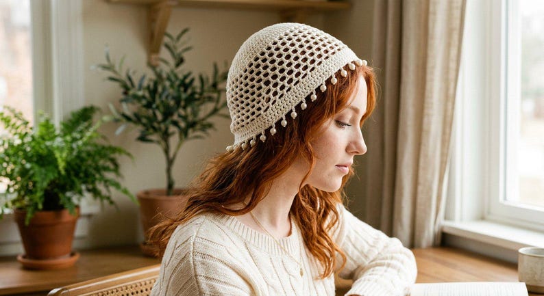 May include: A cream-coloured crochet beanie featuring an open-work lattice pattern on the crown and a solid band at the base. The edge of the beanie is decorated with a series of small, dangling cream-coloured beads that hang from the bottom rim.