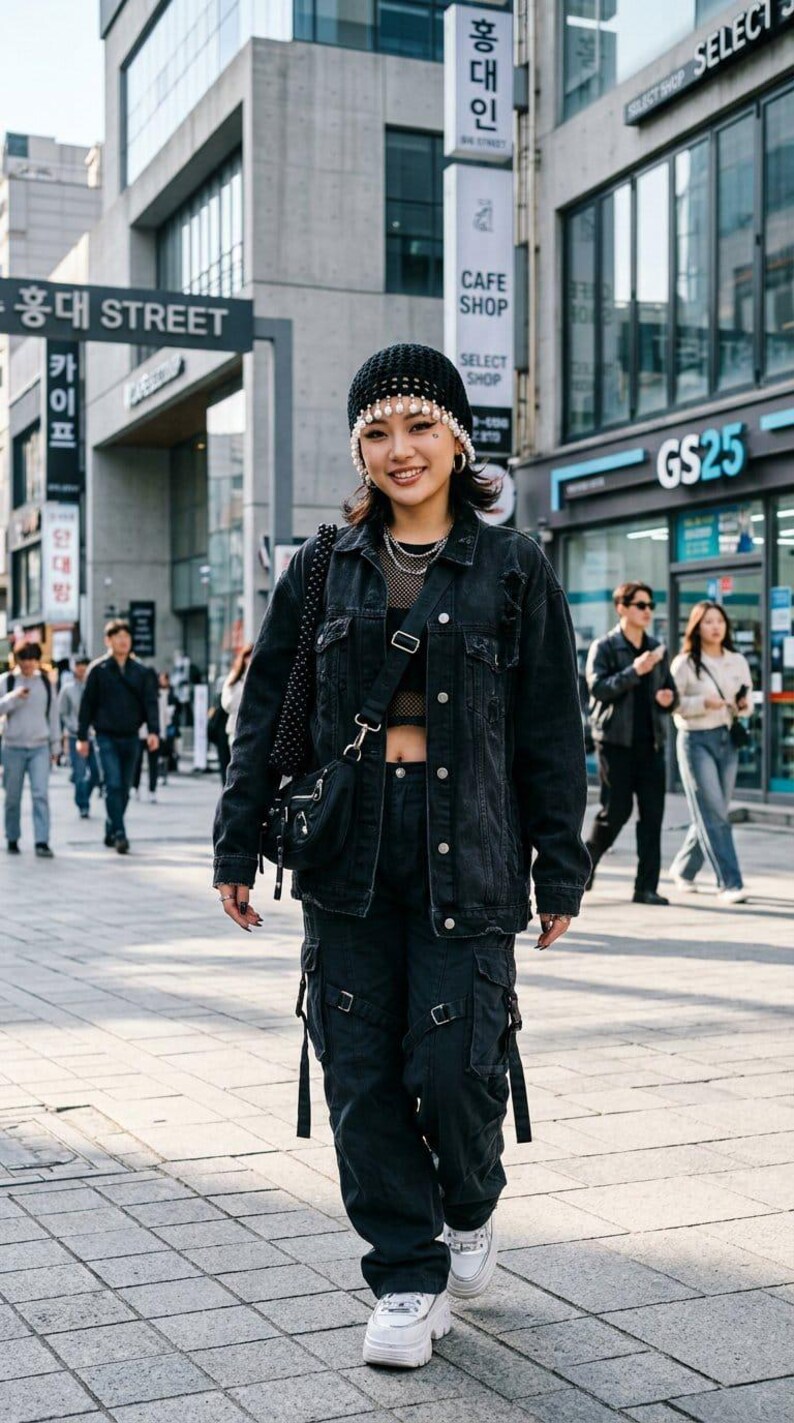 May include: A black crochet beanie with dangling white pearls, a black denim jacket, a black mesh top, black cargo trousers with side straps, and white platform trainers. A black crossbody bag with silver hardware is worn over the shoulder.
