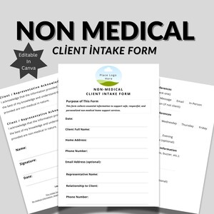 Può includere: Un modello di modulo di accettazione del cliente non medico in bianco e nero. Il modulo include campi per le informazioni del cliente, la data e i dettagli di contatto. È presente anche il testo "Editable in Canva".
