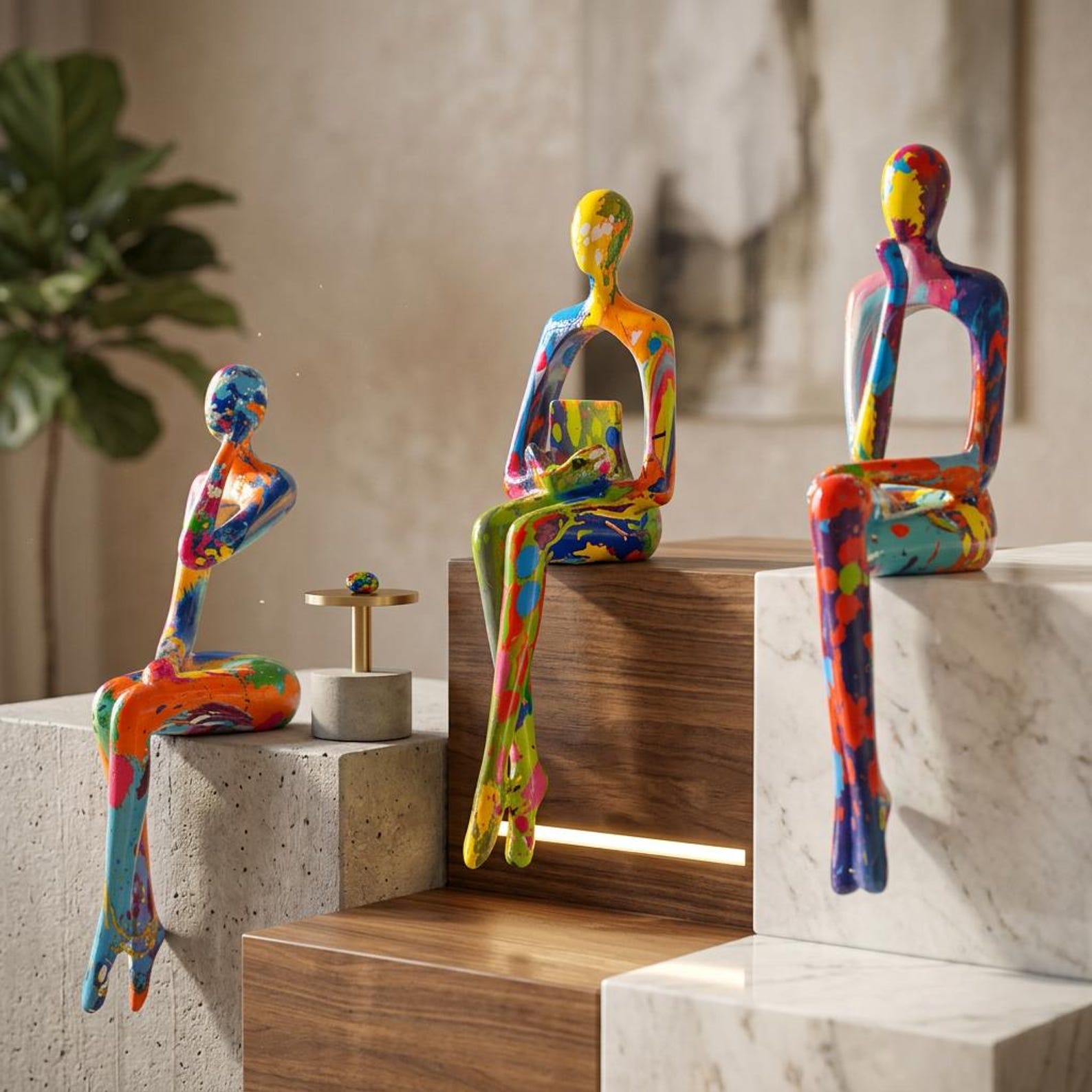 Set of 3 Abstract Sitting Figure Statues Resin Minimalist Art Three ...