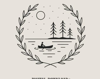 Minimalistische meerscène, png-bestand: kano, pijnbomen, natuurafbeelding (digitale download)