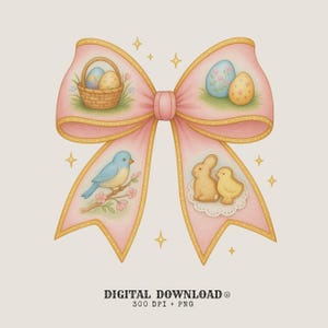 Puede incluir: Ilustración acuarela de un lazo rosa con ribetes dorados e imágenes de Pascua. El lazo presenta una cesta de huevos, un pájaro azul, y un conejito y pollito. El texto "DESCARGA DIGITAL" está en la parte inferior.