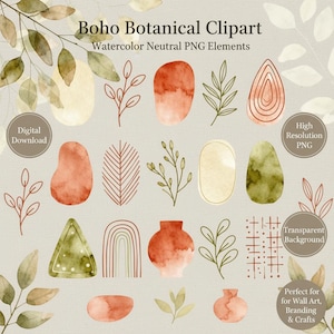 Peut inclure: Ensemble d'éléments de clipart botanique à l'aquarelle dans des tons terreux. L'image comprend diverses formes, feuilles et vases, avec le texte "Boho Botanical Clipart" et "Watercolor Neutral PNG Elements". Parfait pour l'art mural, l'image de marque et l'artisanat.