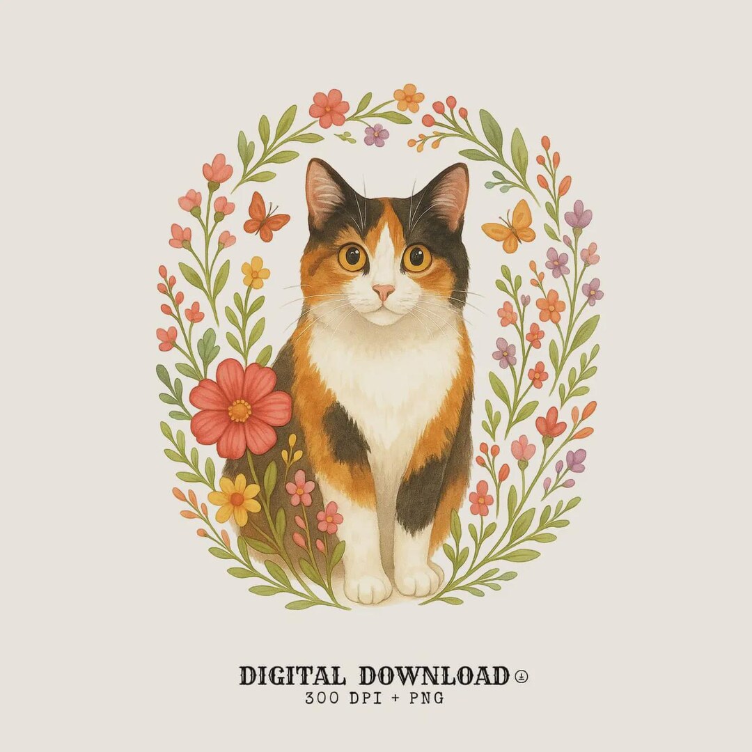 Calico Cat Watercolor Floral Art (digital Download) - Etsy