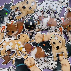 May include: A collection of colorful dog stickers in various breeds and poses, including a Dalmatian, Shiba Inu, and Labrador. The stickers have a holographic effect and are set against a purple background. Some stickers have question marks.