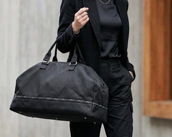 Handmade Black Canvas Duffle Bag, Boho Embroidered Weekender, Minimalist Travel Bag for Women, Large Overnight Bag, Aesthetic Gift for Her