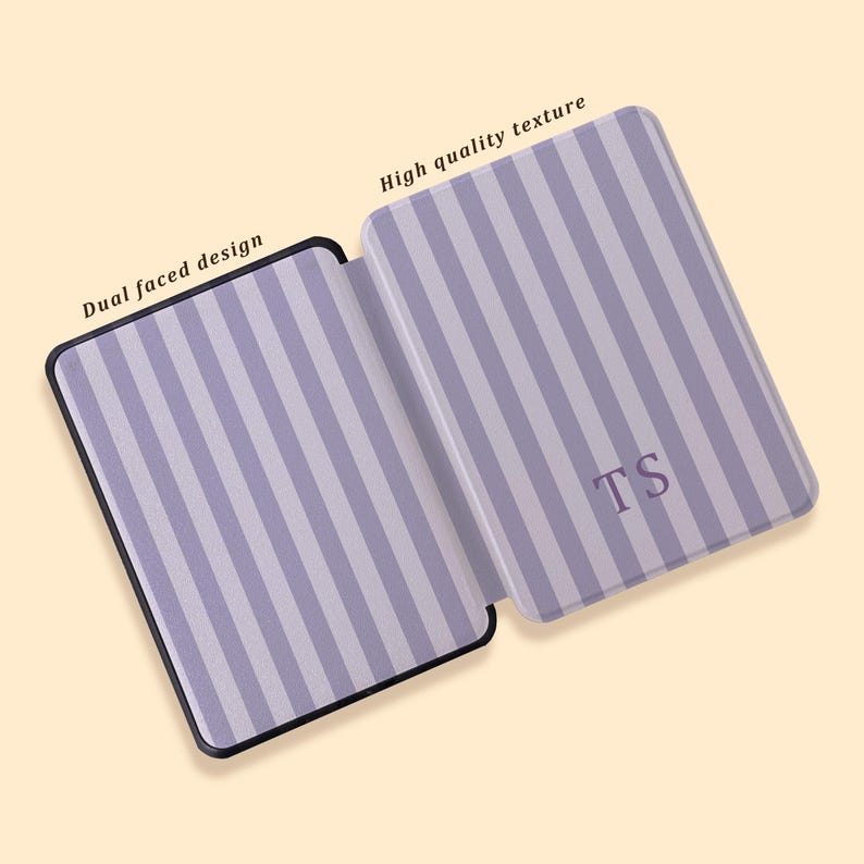 May include: Two rectangular cases with a striped pattern in light purple and white. One case has a black border and the text "Dual faced design". The other case has the initials "TS" and the text "High quality texture".