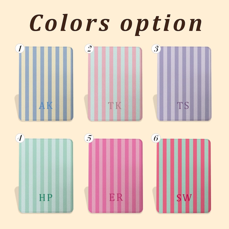 May include: Image showing six rectangular items with vertical stripes in various color combinations: blue and yellow, pink and light blue, purple and light purple, mint green and white, pink, and pink and mint green. Each item has initials.