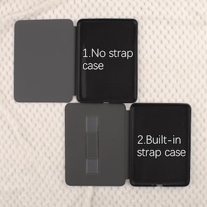 Puede incluir: Se muestran dos fundas negras para tabletas abiertas, destacando sus caracter&iacute;sticas. La funda superior, etiquetada como "1. No strap case", no tiene correa. La funda inferior, "2. Built-in strap case", incluye una correa.
