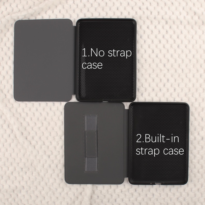 Puede incluir: Se muestran dos fundas negras para tabletas abiertas, destacando sus caracter&iacute;sticas. La funda superior, etiquetada como "1. No strap case", no tiene correa. La funda inferior, "2. Built-in strap case", incluye una correa.