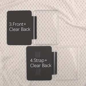 Puede incluir: Se muestran dos fundas rectangulares negras con respaldos transparentes. Una funda tiene el texto "3.Front+ Clear Back" y la otra "4.Strap+ Clear Back". Las fundas est&aacute;n sobre una superficie blanca texturizada.