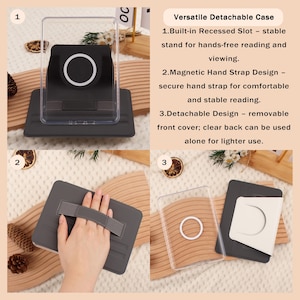 Puede incluir: Funda desmontable vers&aacute;til para tableta, con ranura empotrada integrada para visualizaci&oacute;n manos libres, correa de mano magn&eacute;tica y cubierta frontal desmontable. La funda es negra y transparente, con un dise&ntilde;o de c&iacute;rculo blanco.