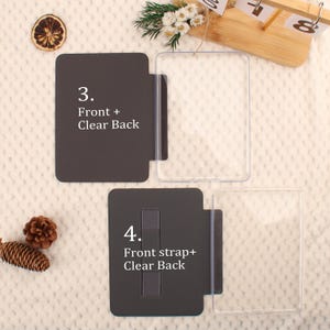 May include: An overhead shot shows two phone case designs. One is a dark gray case with the text "3. Front + Clear Back." The other is a dark gray case with a front strap and the text "4. Front strap+ Clear Back." Both cases have a clear back.