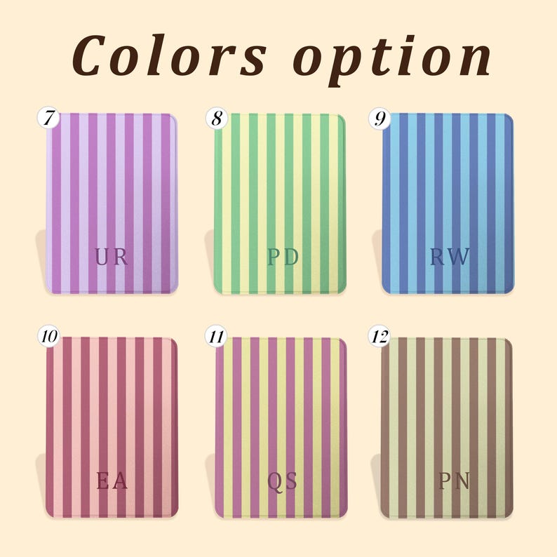 May include: Image showing six rectangular cards with vertical stripes in various color combinations. The cards are labeled with letters and numbers, and the text "Colors option" is at the top.