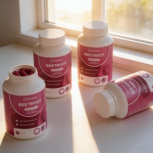 Puede incluir: Cuatro botellas blancas de suplementos con etiquetas rosas y tapas blancas. Las etiquetas dicen "BEETROOT" y "Suplemento Dietético". Una botella está abierta, revelando cápsulas rojas. Las botellas están cerca de una ventana.