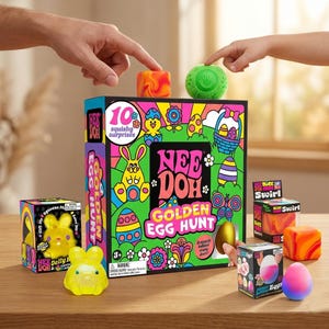 Può includere: Una scatola di gioco Nee Doh Golden Egg Hunt colorata con vari giocattoli morbidi. La scatola presenta un coniglietto, uova e fiori. Sono inclusi cubi a spirale arancioni e verdi e un giocattolo a forma di coniglietto giallo. Il testo sulla scatola recita "Golden Egg Hunt".