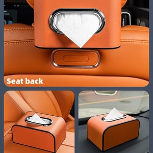 K&ouml;nnte beinhalten: Orangefarbene Taschentuchbox f&uuml;r das Auto mit silberner Zierleiste, dargestellt an drei verschiedenen Stellen: R&uuml;cksitz, Armlehnenbox und Armaturenbrett. Die Taschentuchbox hat eine rechteckige Form mit einer silbernen, ovalen &Ouml;ffnung zur Ausgabe der Taschent&uuml;cher. Der Text lautet "R&uuml;cksitz", "Armlehnenbox" und "Armaturenbrett".