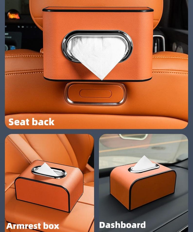 K&ouml;nnte beinhalten: Orangefarbene Taschentuchbox f&uuml;r das Auto mit silberner Zierleiste, dargestellt an drei verschiedenen Stellen: R&uuml;cksitz, Armlehnenbox und Armaturenbrett. Die Taschentuchbox hat eine rechteckige Form mit einer silbernen, ovalen &Ouml;ffnung zur Ausgabe der Taschent&uuml;cher. Der Text lautet "R&uuml;cksitz", "Armlehnenbox" und "Armaturenbrett".