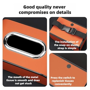 K&ouml;nnte beinhalten: Eine orangefarbene Taschentuchbox mit schwarzem Akzent und einer silbernen Metall&ouml;ffnung f&uuml;r Taschent&uuml;cher. Der Text lautet: &bdquo;Gute Qualit&auml;t geht keine Kompromisse bei den Details ein.&ldquo; Zus&auml;tzlicher Text beschreibt den elastischen Druckknopfriemen und die glatte Taschentuch&ouml;ffnung.