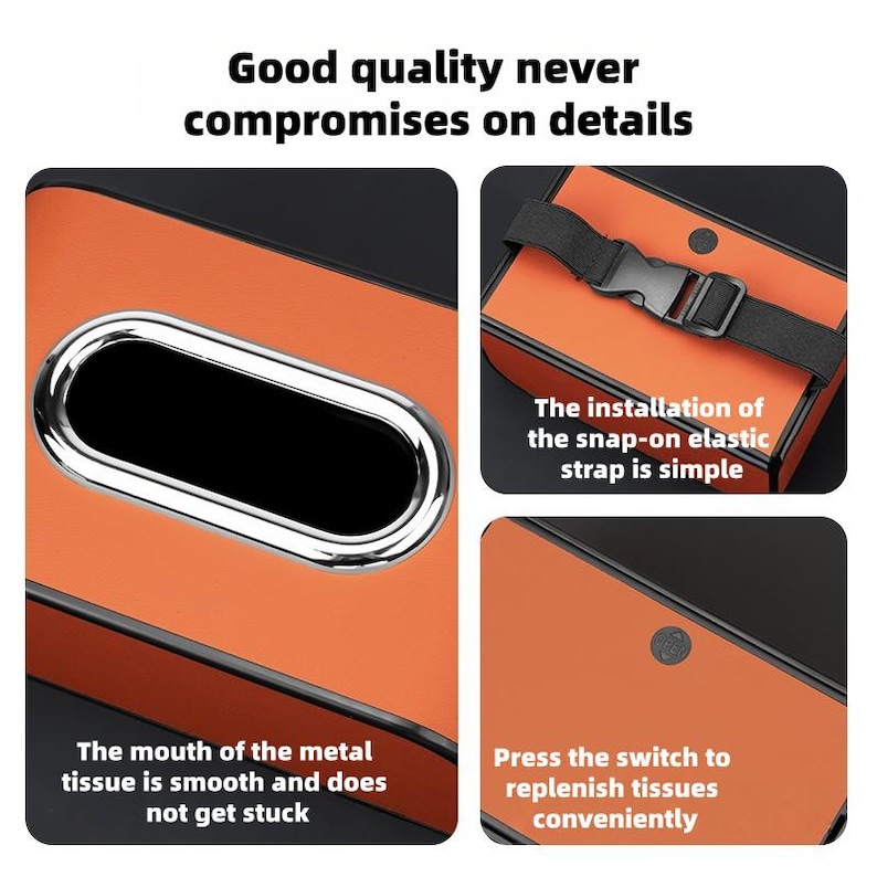 K&ouml;nnte beinhalten: Eine orangefarbene Taschentuchbox mit schwarzem Akzent und einer silbernen Metall&ouml;ffnung f&uuml;r Taschent&uuml;cher. Der Text lautet: &bdquo;Gute Qualit&auml;t geht keine Kompromisse bei den Details ein.&ldquo; Zus&auml;tzlicher Text beschreibt den elastischen Druckknopfriemen und die glatte Taschentuch&ouml;ffnung.