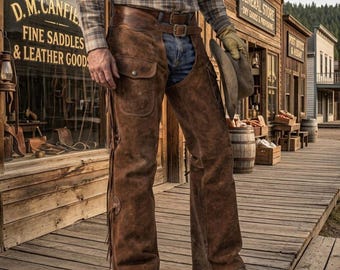 Pantalones de cuero de vaca hechos a mano para hombre con flecos – Chaparreras estilo vaquero rodeo vintage del oeste