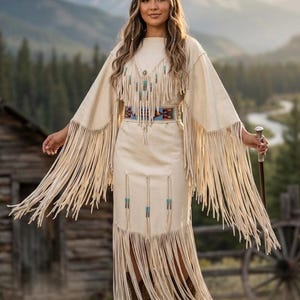 Women's White Leather Long Fringes Beaded Wedding Dress Powwow Regalia