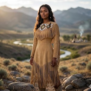 May include: A tan suede dress featuring long sleeves and extensive fringe detailing along the chest, shoulders, and hem. The upper chest area displays a geometric pattern in white, brown, and teal colors. The dress has a fitted bodice and skirt.
