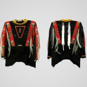 May include: A black garment with red and white accents, featuring intricate beadwork and fringe. The garment has a yellow collar and decorative patterns on the sleeves and front. The back of the garment has white feather-like details.