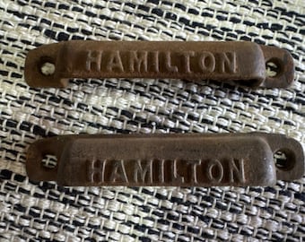 2 Vintage Hamilton Mfg Co. Letterpress Printing Cast Iron Drawer Pulls