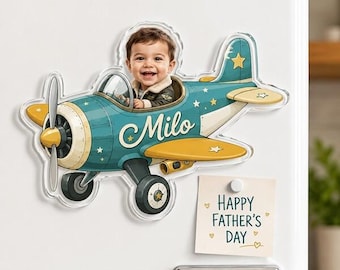 Custom Funny Baby Photo Magnet for Dad, Baby Riding Air Plane Magnet, Custom Face Fridge Magnet, Father’s Day Gift from Son And Daughter