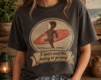 Curious George Monkey Surfing Graphic T-Shirt, Vintage Storybook Reader Apparel, Funny Character Book Lover Tee, School Staff Gift