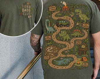 Interactive Road Map Dad Shirt, 2-Sided Tired Dads Club Tee, Father's Day Shirt Gift For Dad, Playing On Daddy Back, Dinosaur Lover Dad Tee