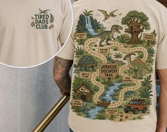 2-Sided Tired Dads Club Tee, Father's Day Shirt Gift For Dad, Playing On Daddy Back, Interactive Road Map Dad Shirt, Dinosaur Lover Dad Tee