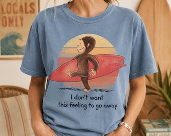 Curious George Monkey Surfing Graphic T-Shirt, Vintage Storybook Reader Apparel, Funny Character Book Lover Tee, School Staff Gift
