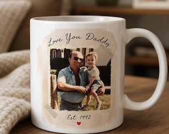 Fathers Day Gift Custom Dad Portrait Mug, Personalized Vintage Photo Daughter Son Stripe Coffee Mug, First Time Dad, Birthday, Newborn Gift