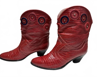 Sanna Roma Italian Red Lizard Textured Leather Western Ankle Boots Size 7.5