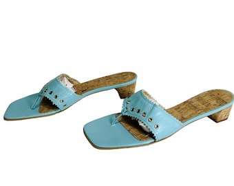 Vintage Unisa Light Blue Leather Thong Sandals w Cork Footbed Made-Spain Size 9