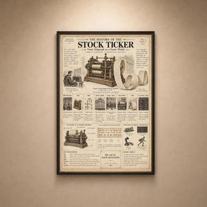 Könnte beinhalten: Ein gerahmtes Lehrplakat mit dem Titel The History of the Stock Ticker, das sepiafarbene Illustrationen von alten Telegrafenmaschinen, Tickerbändern und historischen Diagrammen zeigt. Der Text beschreibt die Entwicklung der Finanzkommunikation.