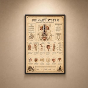 May include: A framed educational poster titled The Urinary System, featuring detailed anatomical illustrations of kidneys, ureters, and the bladder in sepia tones. The chart includes descriptive text, diagrams of filtration processes, and a timeline of urine flow.